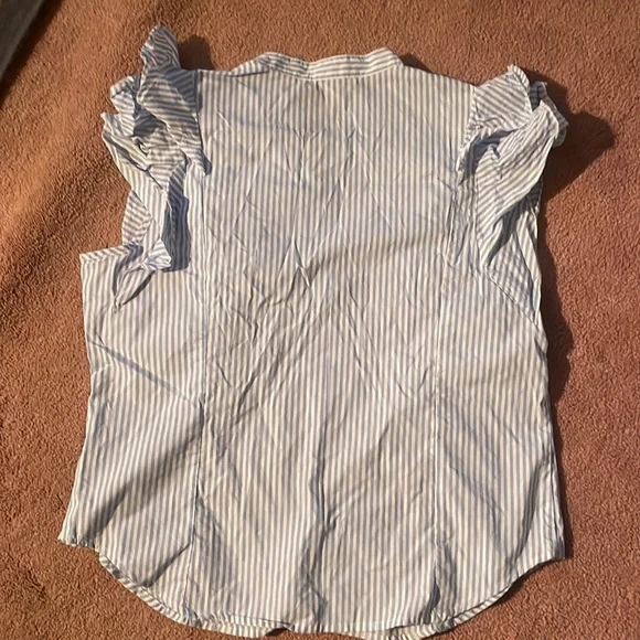 Blue Stripe Button Up Tank Top with Ruffle Shoulder - Picture 6 of 6